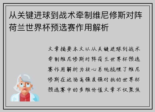 从关键进球到战术牵制维尼修斯对阵荷兰世界杯预选赛作用解析 从关键进球到战术牵制维尼修斯对阵荷兰世界杯预选赛作用解析